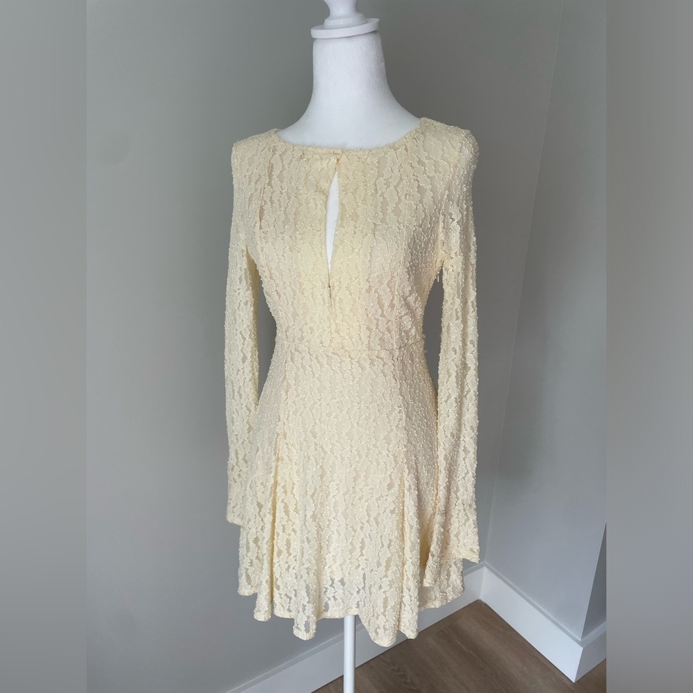 Free People Cream Lace Long Sleeve Mini Dress